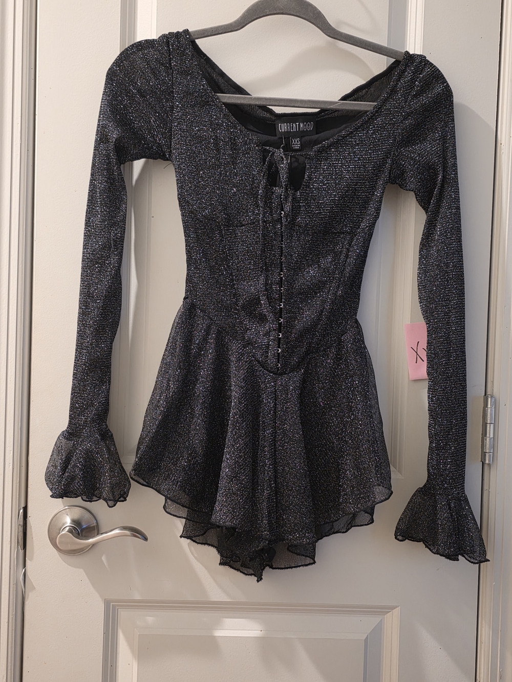 Current Mood Black Shimmer Lace-Up Peplum Romper